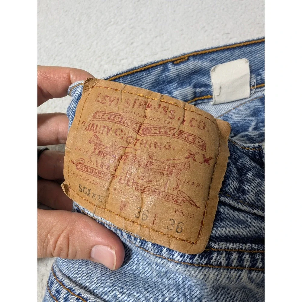Levi's 501xx Jeans Mens 36/36 (33x27.5) Light Blue Straight Button Fly Raw‎ Hem